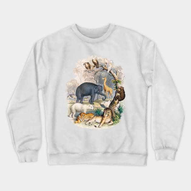 Wild Animals Vintage Illustration Lion Tiger Elephant Vulture Giraffe Crewneck Sweatshirt by Pine Hill Goods